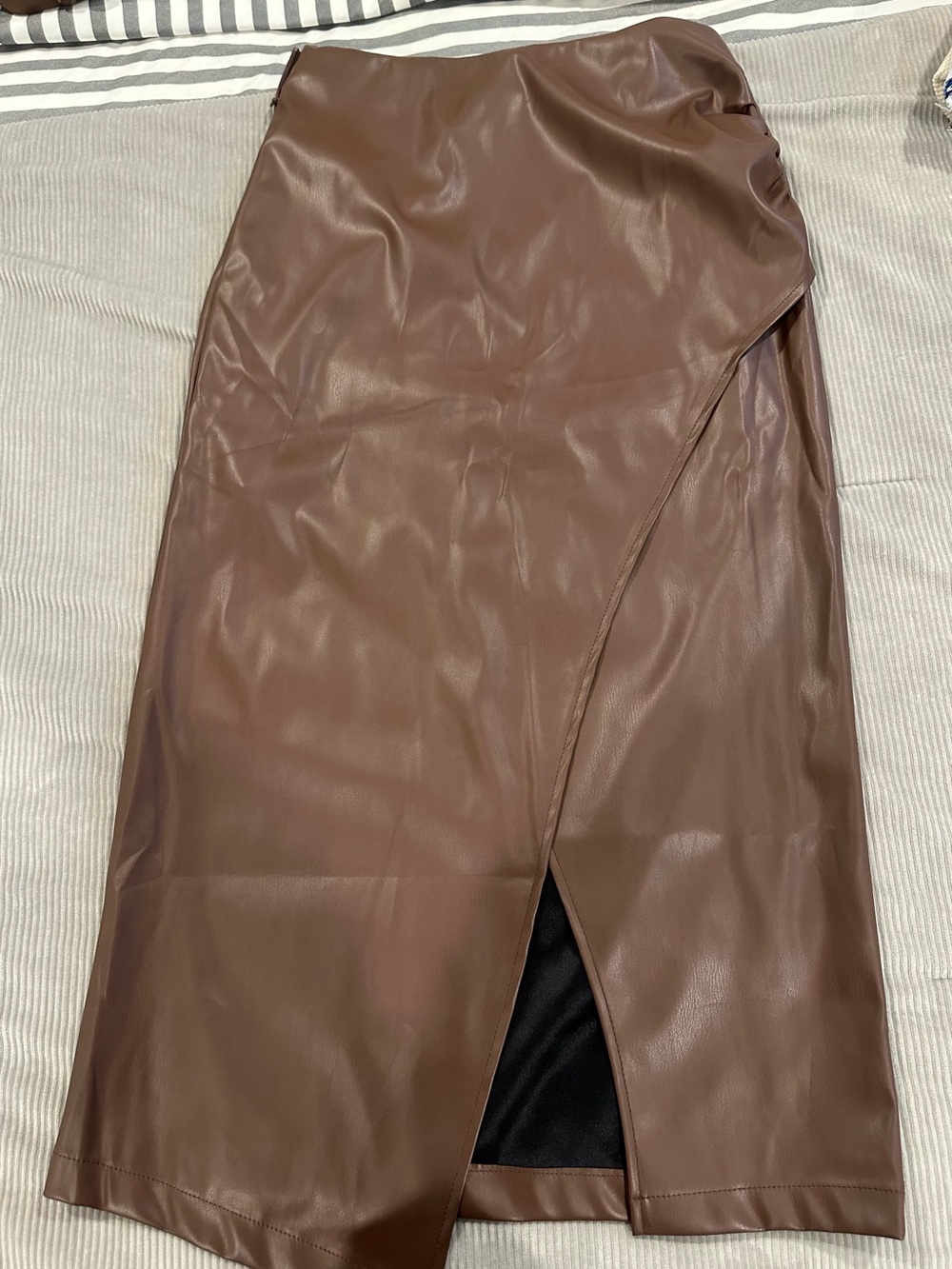 Faux Leather Brown Midi Skirt with Front Slit and Black mini skirt leather